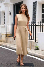 Round Neck Tie Belt Slit Sleeveless Sweater Dress - Ladyez