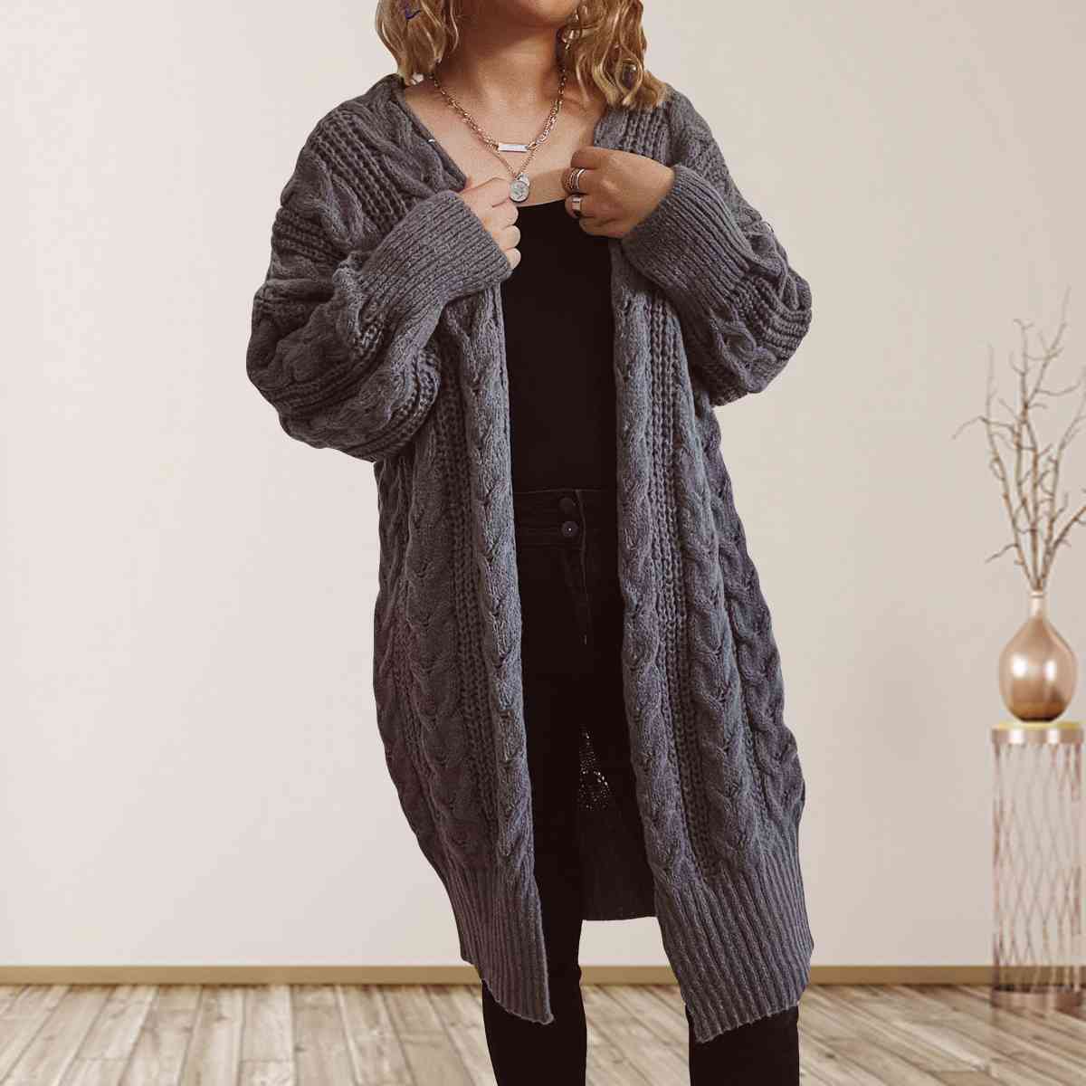 Cable-Knit Open Front Dropped Shoulder Cardigan - Ladyez