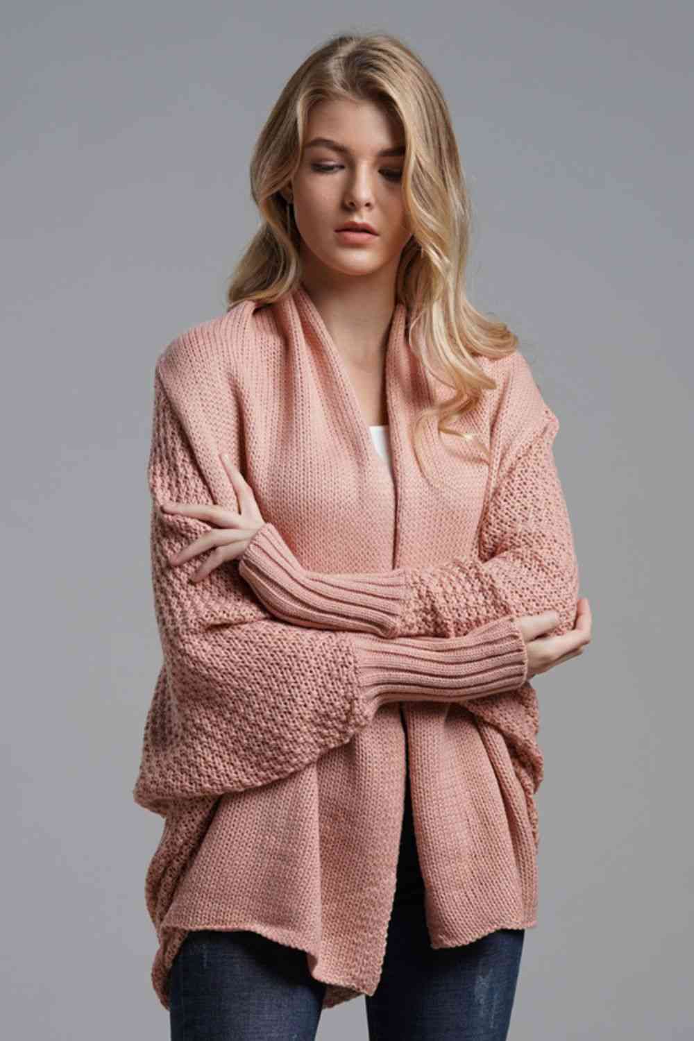 Double Take Dolman Sleeve Open Front Ribbed Trim Longline Cardigan - Ladyez