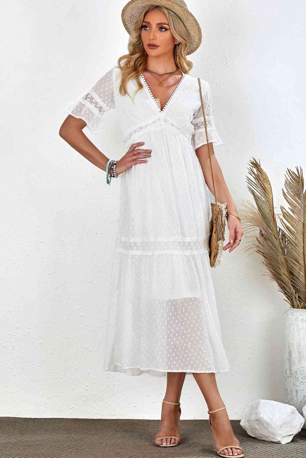 Swiss Dot V-Neck Short Sleeve Midi Dress - Ladyez