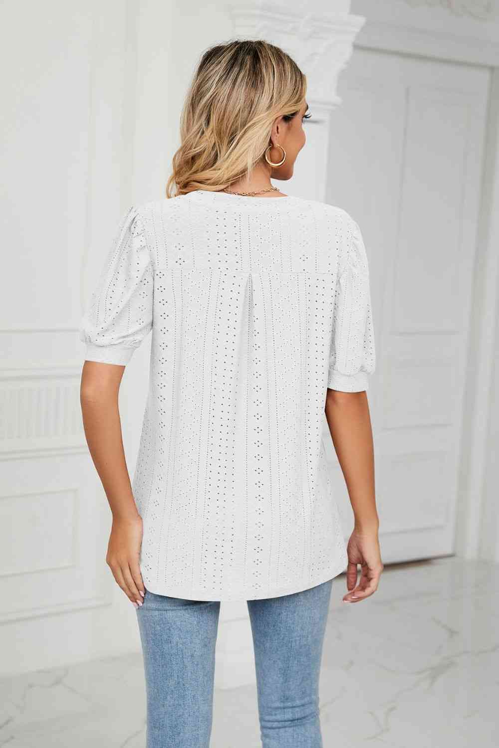 Eyelet Short Puff Sleeve Notched Neck Top - Ladyez