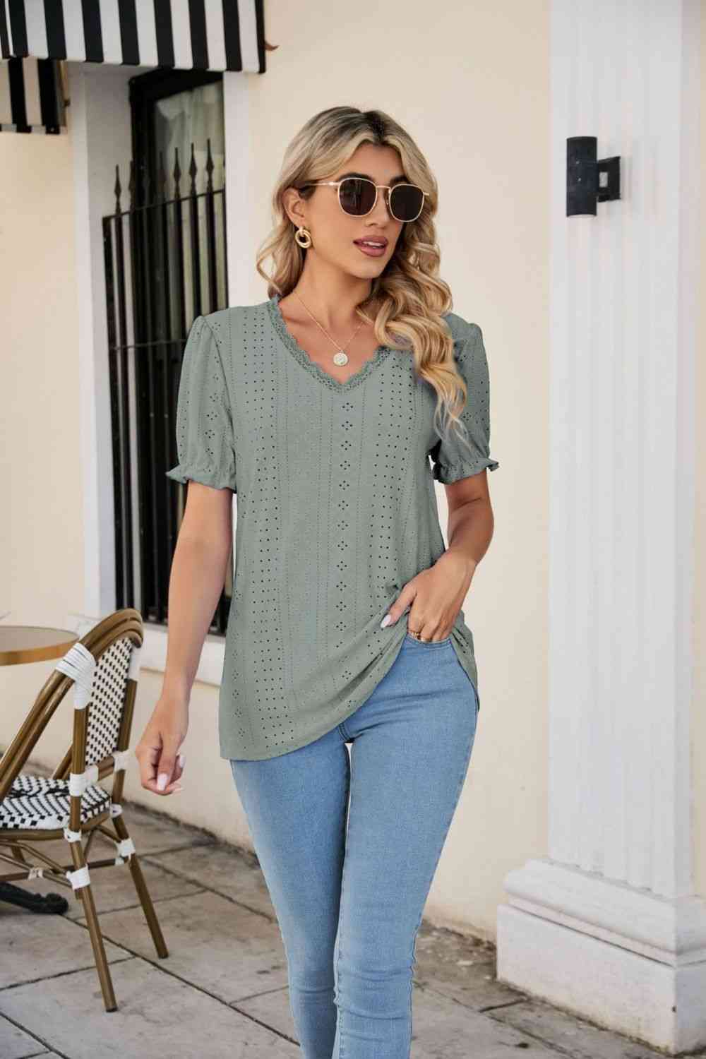 Eyelet Flounce Sleeve Scalloped V-Neck Top - Ladyez