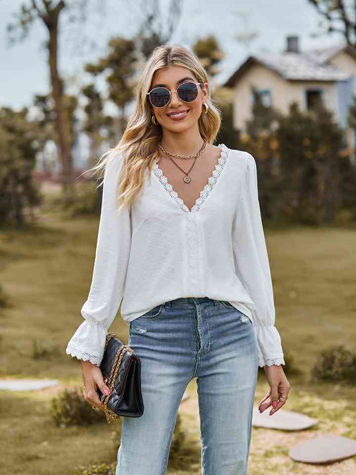 V-Neck Flounce Sleeve Blouse - Ladyez
