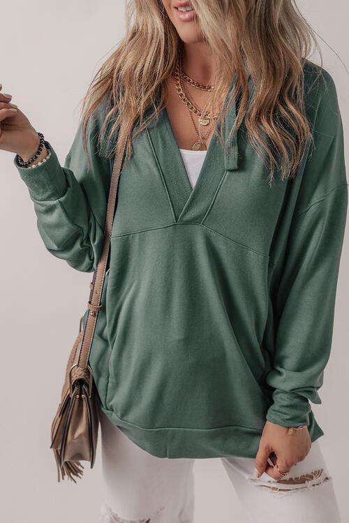 V-Neck Long Sleeve Hooded Top - Ladyez