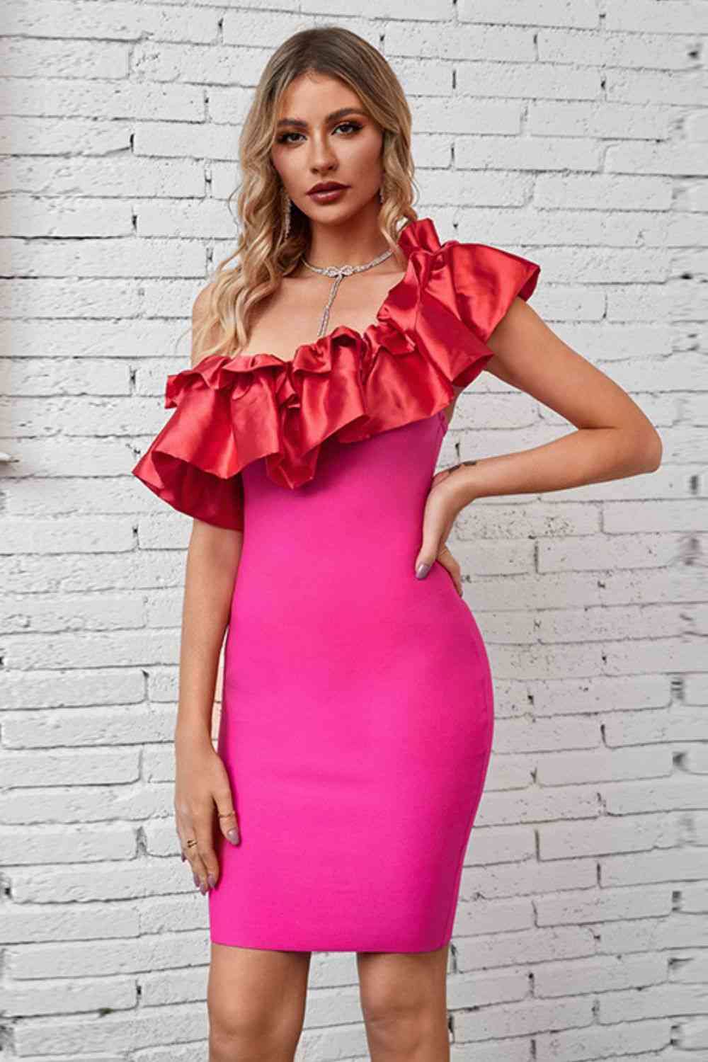 Ruffled One-Shoulder Bodycon Dress - Ladyez