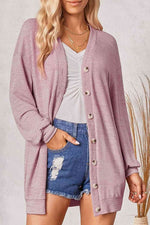 Buttoned V-Neck Long Sleeve Cardigans - Ladyez