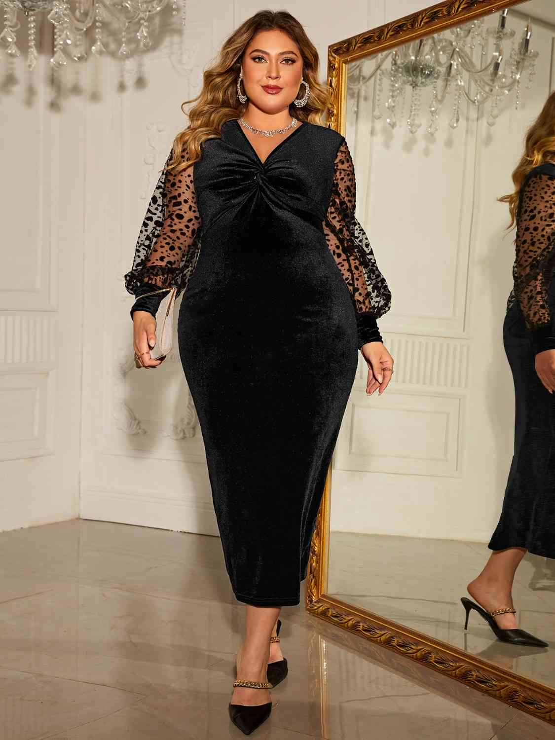 Plus Size Twist Front Lantern Sleeve Slit Dress - Ladyez