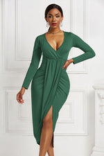 High-low Ruched Surplice Long Sleeve Dress - Ladyez