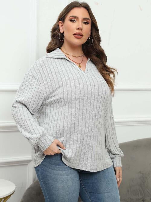 Plus Size Ribbed Collared Neck Long Sleeve Blouse - Ladyez