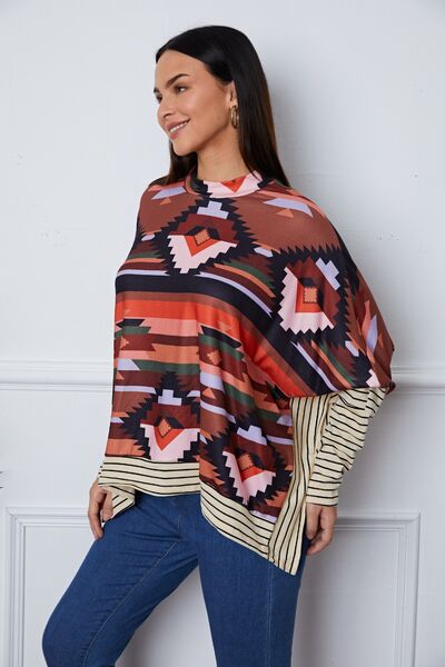 Geometric Striped Splicing Round Neck Blouse - Ladyez