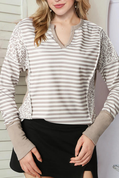 Exposed Seam Striped Notched Blouse - Ladyez