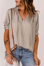 Smocked Frill Trim Flounce Sleeve Blouse - Ladyez