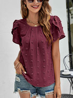 Swiss Dot Round Neck Petal Sleeve Top - Ladyez