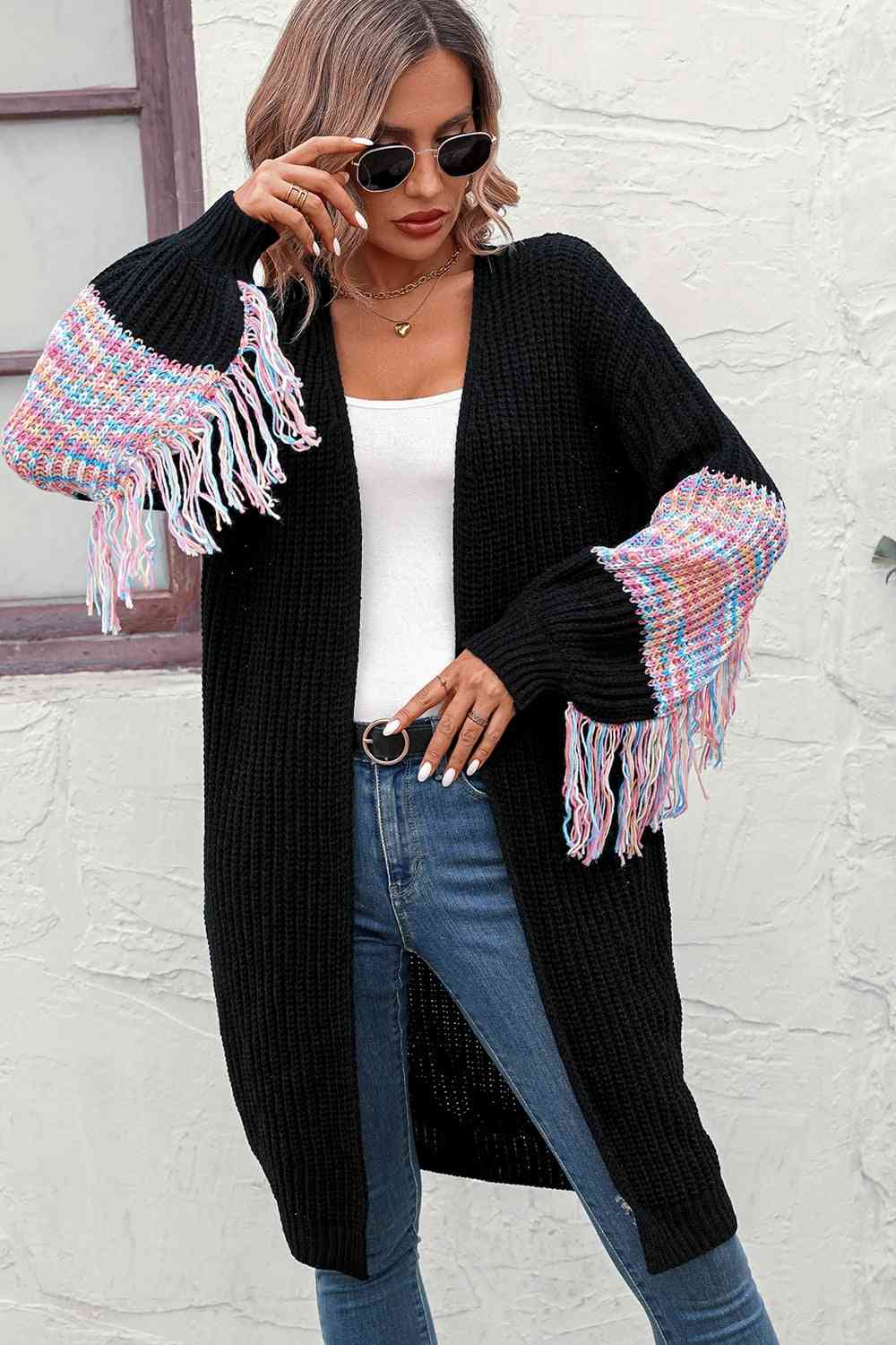Fringe Sleeve Dropped Shoulder Cardigan - Ladyez
