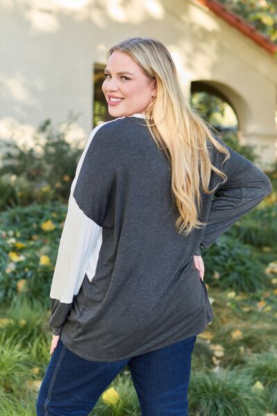 Celeste Design Full Size Contrast Long Sleeve Top - Ladyez