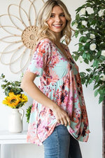 Heimish Full Size Floral V-Neck Short Sleeve Babydoll Blouse - Ladyez