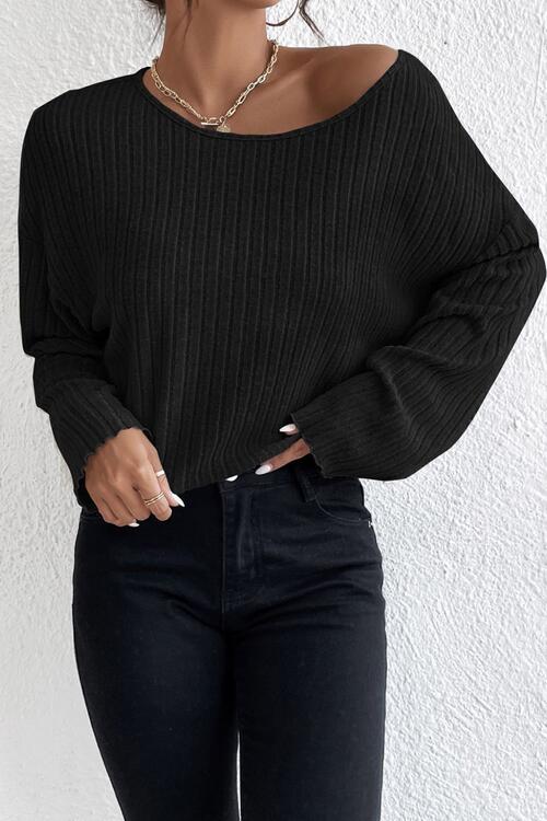 Ribbed Round Neck Drop Shoulder Long Sleeve Top - Ladyez