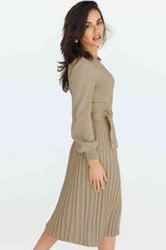 Round Neck Long Sleeve Pleated Sweater Dress - Ladyez