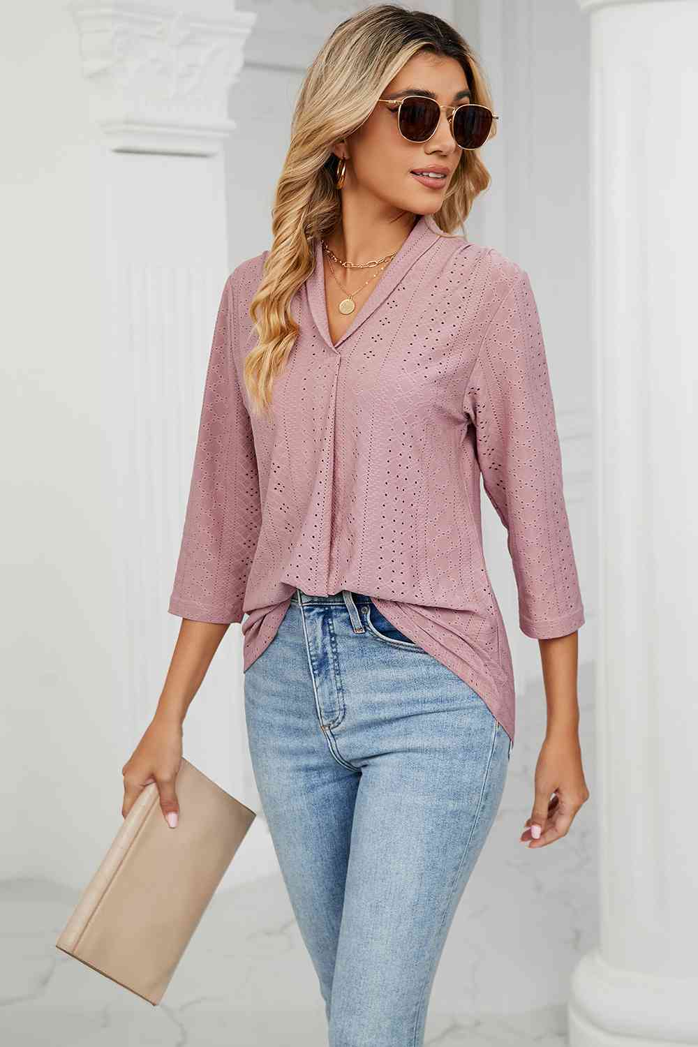 Eyelet Three-Quarter Sleeve Blouse - Ladyez