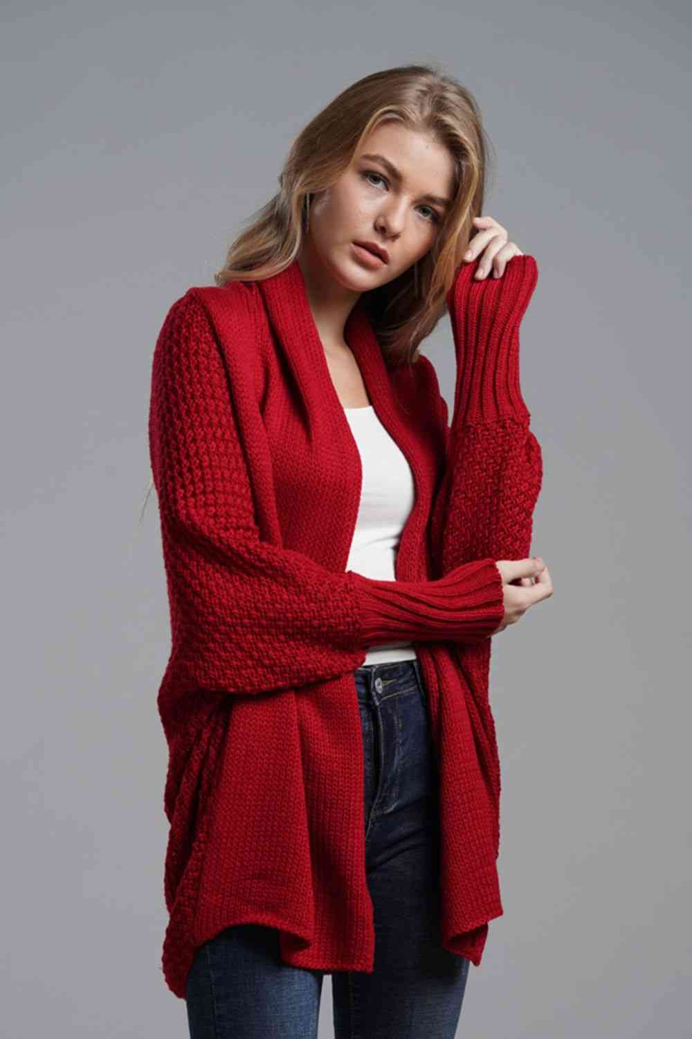 Double Take Dolman Sleeve Open Front Ribbed Trim Longline Cardigan - Ladyez