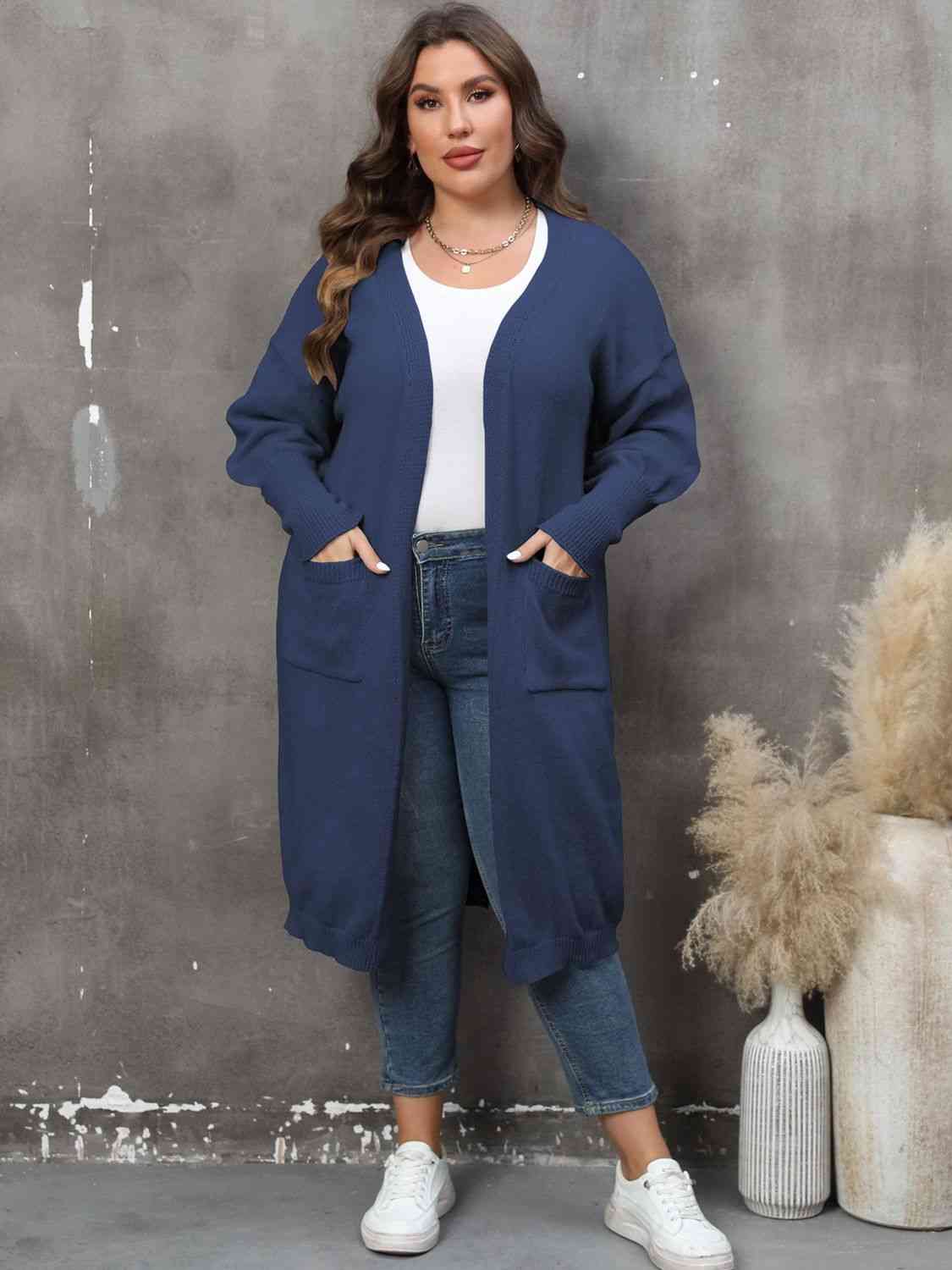 Plus Size Long Sleeve Pocketed Cardigan - Ladyez