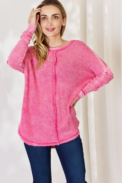 Zenana Oversized Washed Waffle Long Sleeve Top - Ladyez