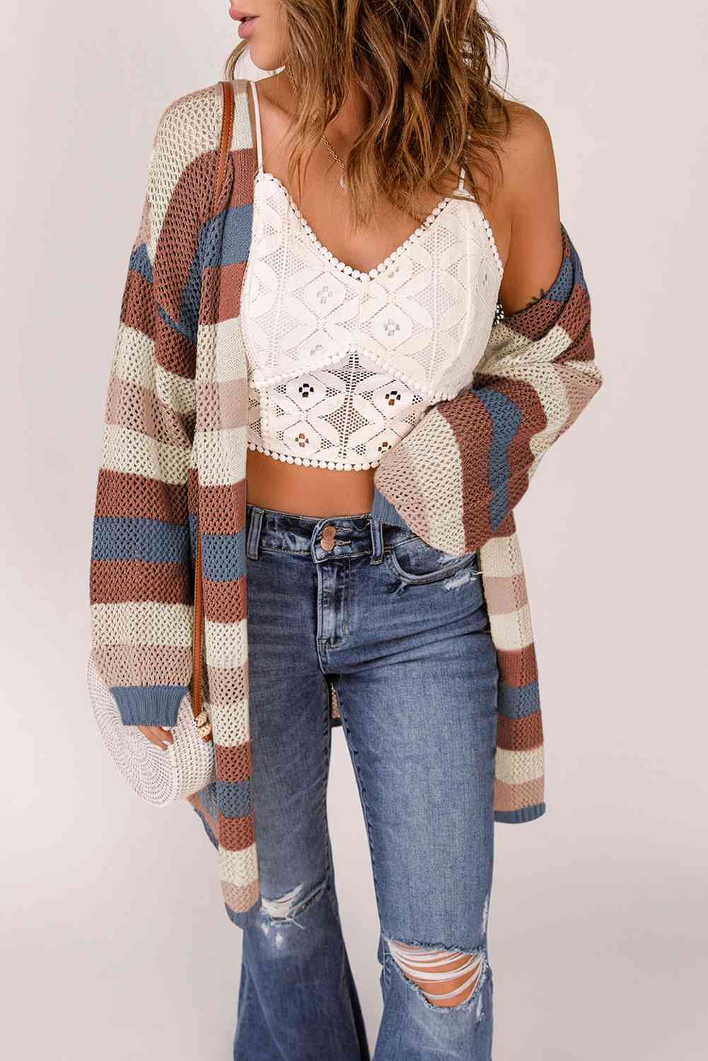 Full Size Striped Long Sleeve Openwork Cardigan - Ladyez