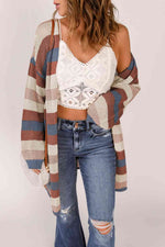Full Size Striped Long Sleeve Openwork Cardigan - Ladyez