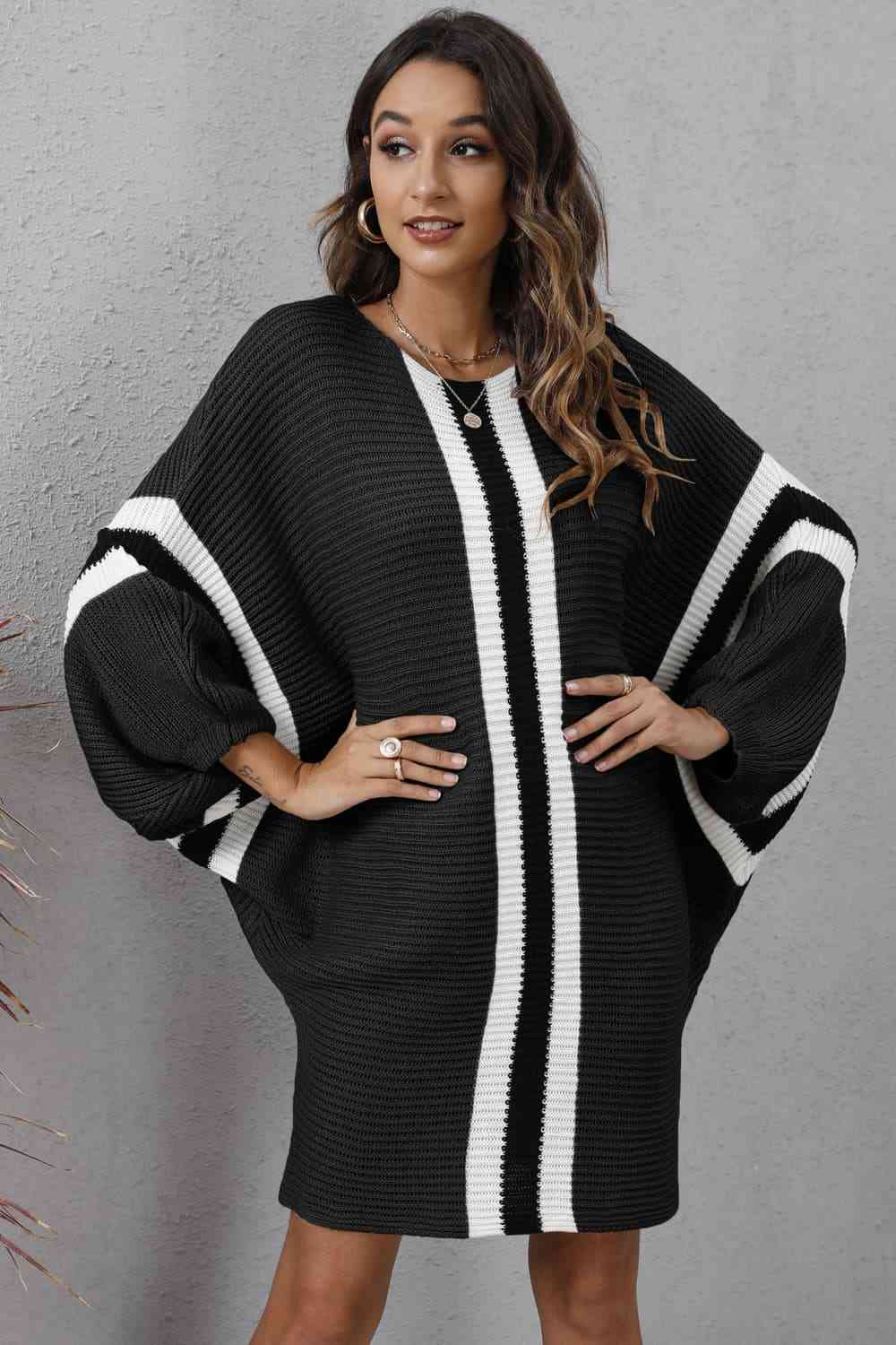 Ribbed Round Neck Long Sleeve Sweater Dress - Ladyez