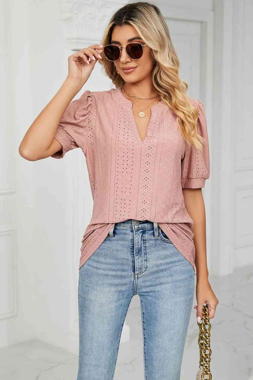 Eyelet Short Puff Sleeve Notched Neck Top - Ladyez