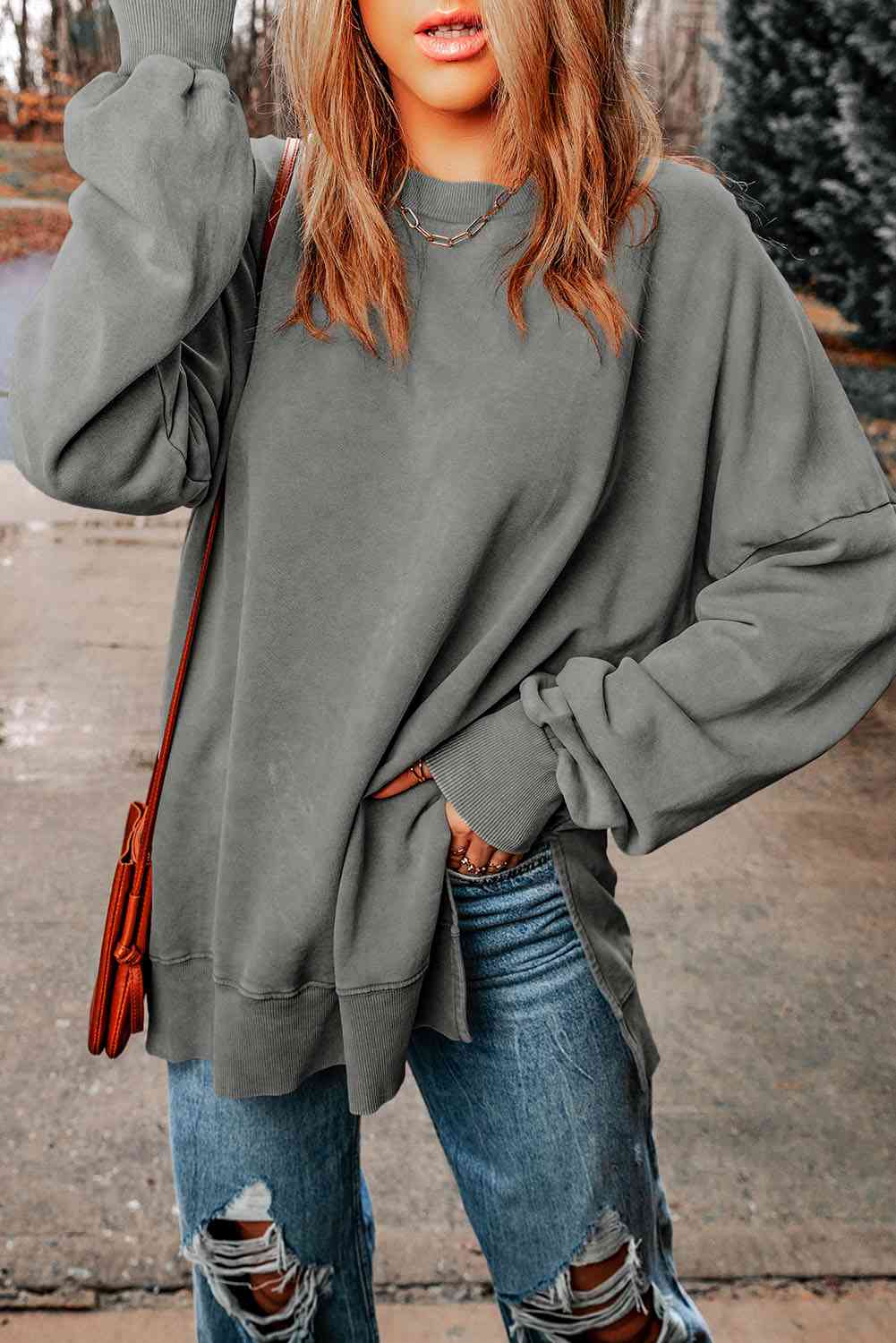 Dropped Shoulder Round Neck Long Sleeve Blouse - Ladyez