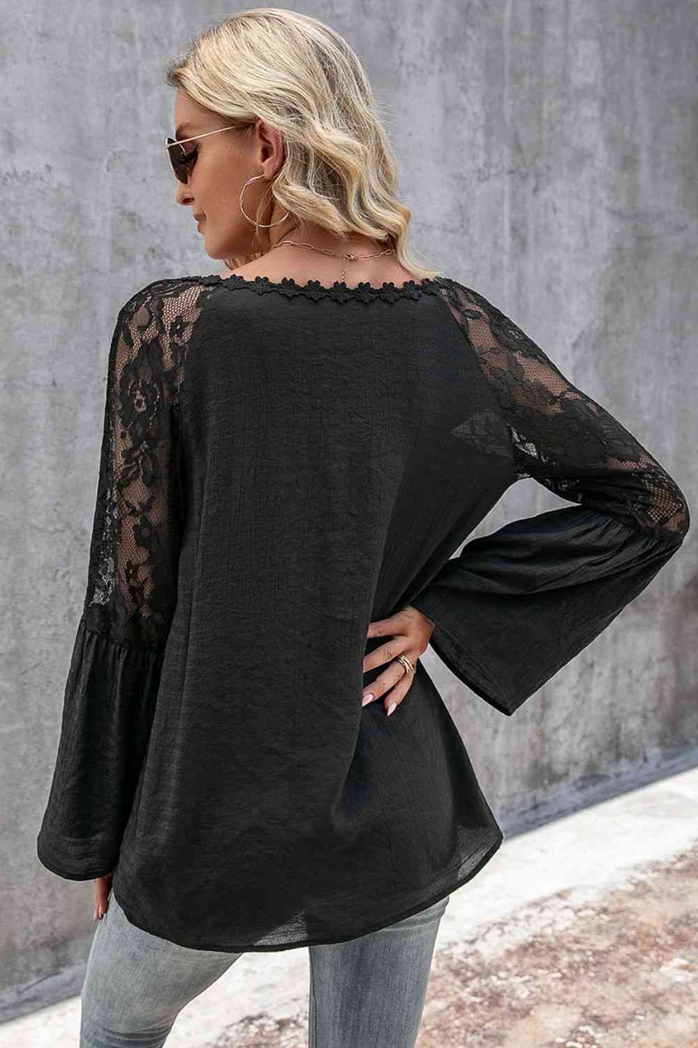 V-Neck Spliced Lace Flare Sleeve Top - Ladyez