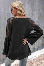 V-Neck Spliced Lace Flare Sleeve Top - Ladyez