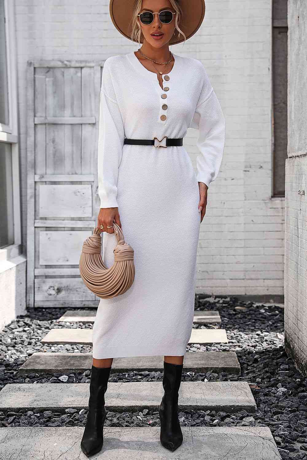 Notched Neck Dropped Shoulder Button-Down Midi Dress - Ladyez