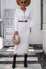 Notched Neck Dropped Shoulder Button-Down Midi Dress - Ladyez