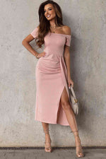 Off-Shoulder Short Sleeve Split Dress - Ladyez
