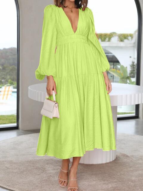 Deep V-Neck Balloon Sleeve Plain Maxi Dress - Ladyez