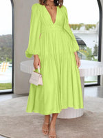 Deep V-Neck Balloon Sleeve Plain Maxi Dress - Ladyez