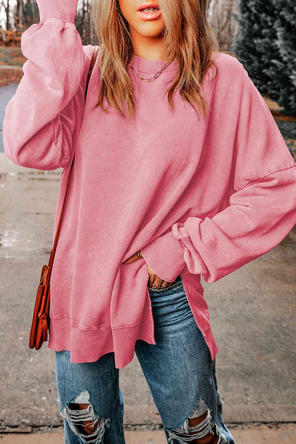 Dropped Shoulder Round Neck Long Sleeve Blouse - Ladyez