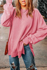 Dropped Shoulder Round Neck Long Sleeve Blouse - Ladyez