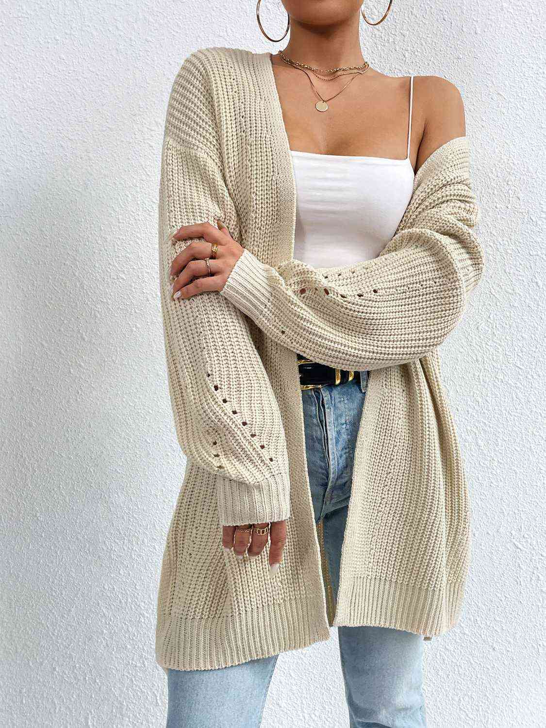 Open Front Dropped Shoulder Slit Cardigan - Ladyez
