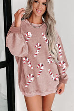 Sequin Candy Cane Round Neck Sweatshirt - Ladyez