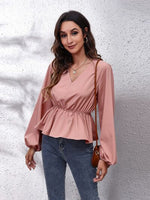 V-Neck Balloon Sleeve Peplum Blouse - Ladyez