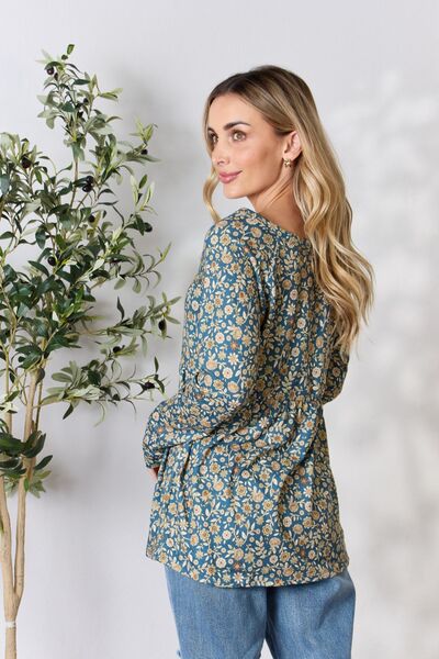 Heimish Full Size Floral Half Button Long Sleeve Blouse - Ladyez