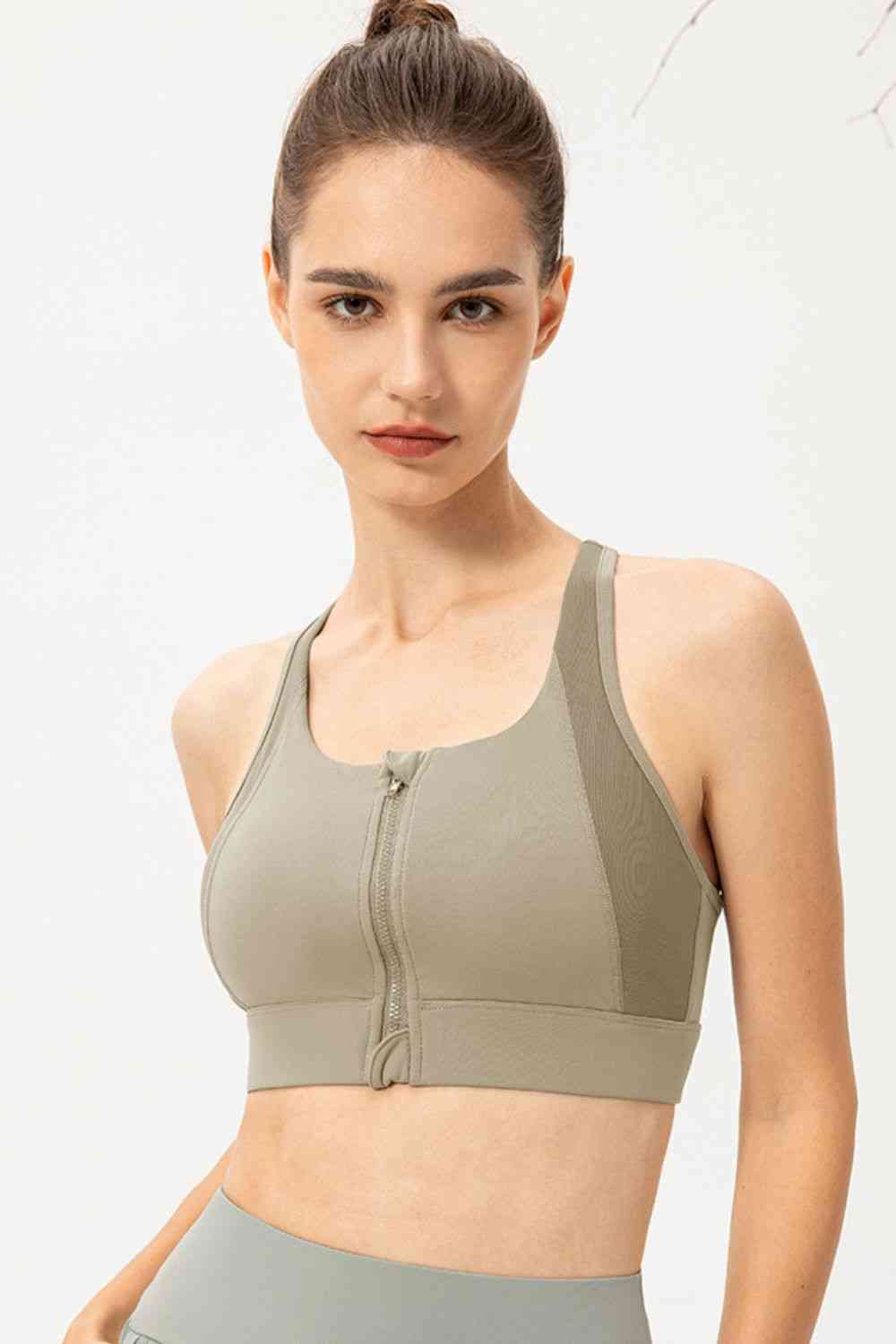 Zip-Up Round Neck Sports Bra - Ladyez