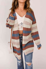 Full Size Striped Long Sleeve Openwork Cardigan - Ladyez