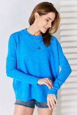 Zenana Ribbed Trim Round Neck Long Sleeve Top - Ladyez