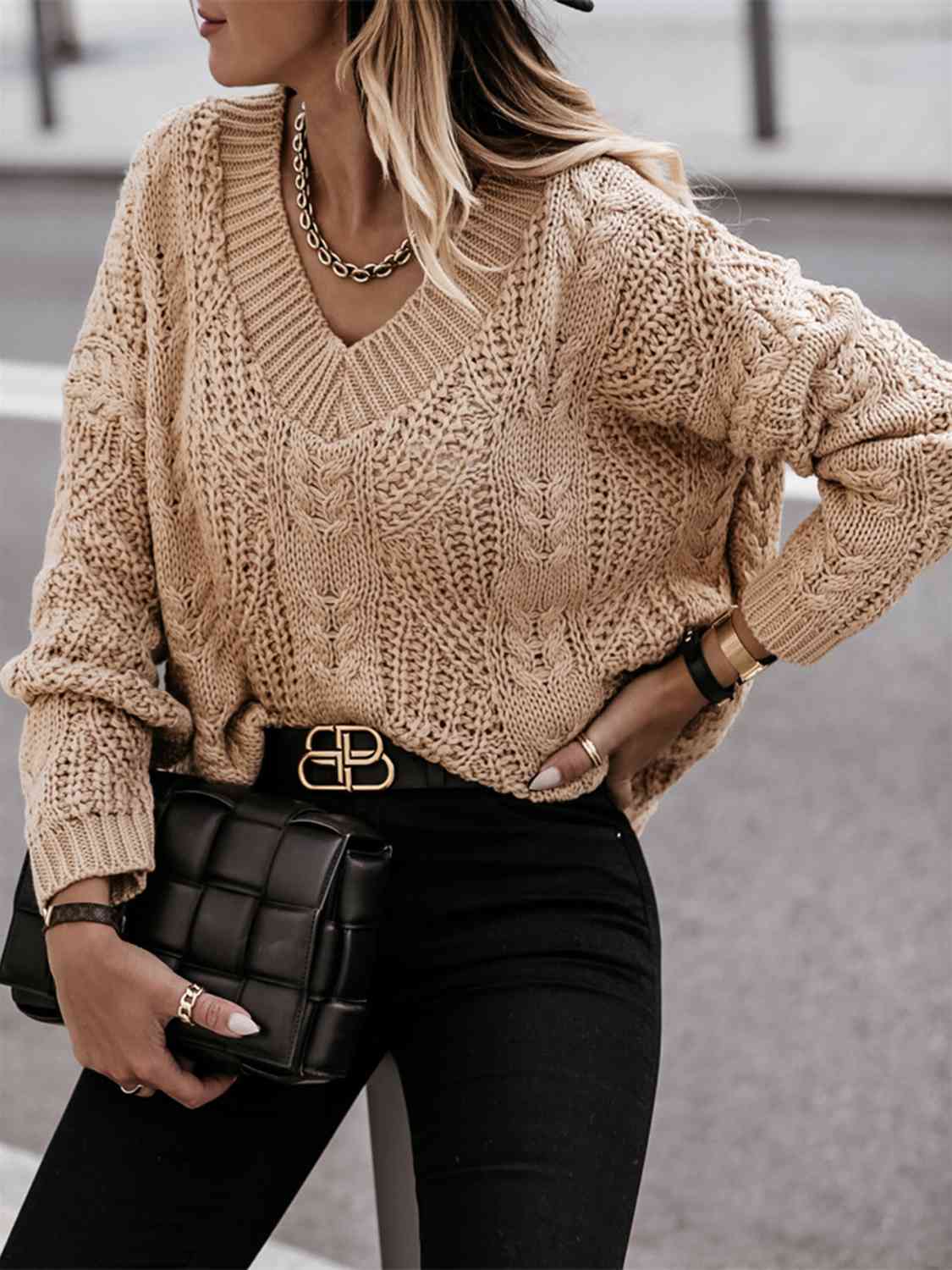 V-Neck Cable-Knit Long Sleeve Sweater - Ladyez