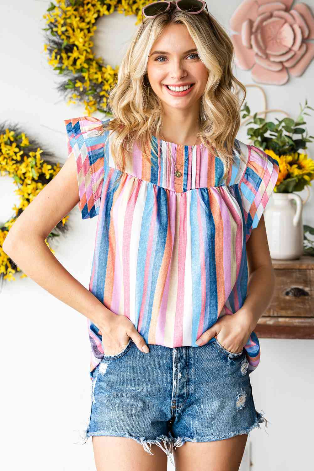 Multicolored Stripe Flutter Sleeve Blouse - Ladyez