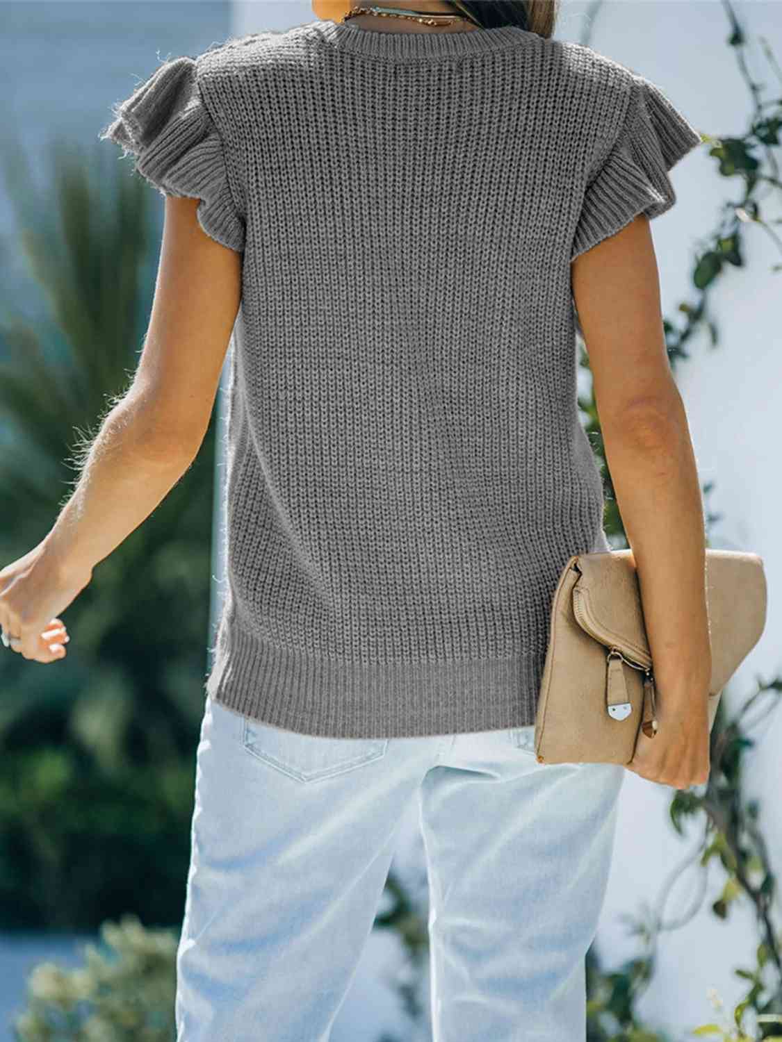 Round Neck Cap Sleeve Sweater - Ladyez